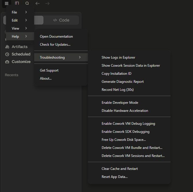 مسیر Help سپس Troubleshooting و Enable Developer Mode در Claude Desktop
