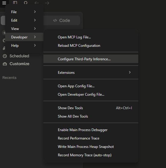 انتخاب Configure Third-Party Inference از منوی Developer