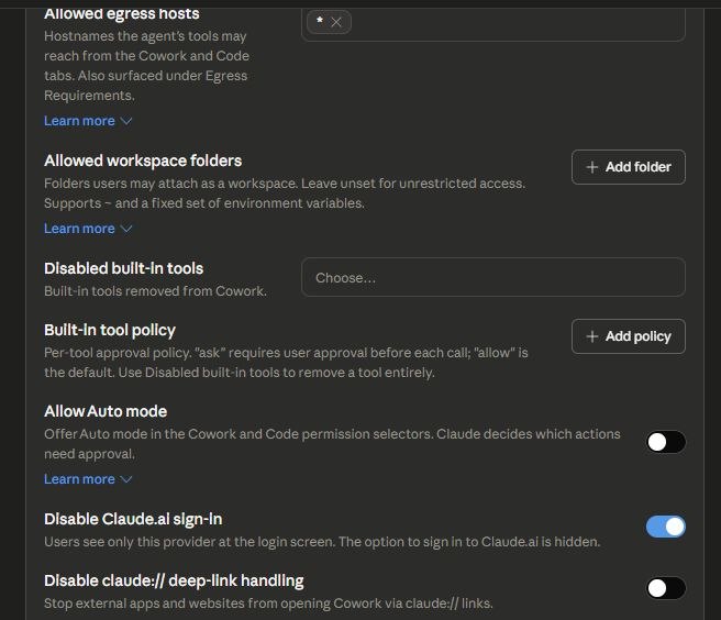 تنظیمات sandbox شامل Disable Claude.ai sign-in